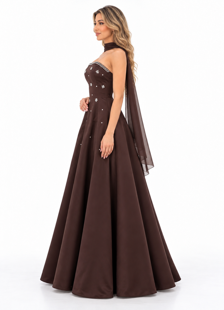 Crystal Strapless Scarf Gown - Cocoa