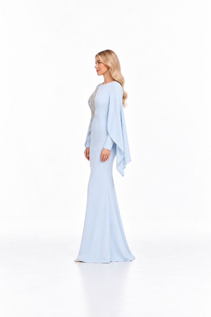Embellished Cape Sleeve Fishtail Maxi Dress – Celestara