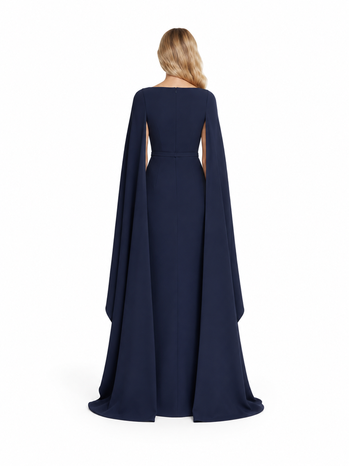 Embellished Scoop Neck Cape Evening Gown - Noctelune
