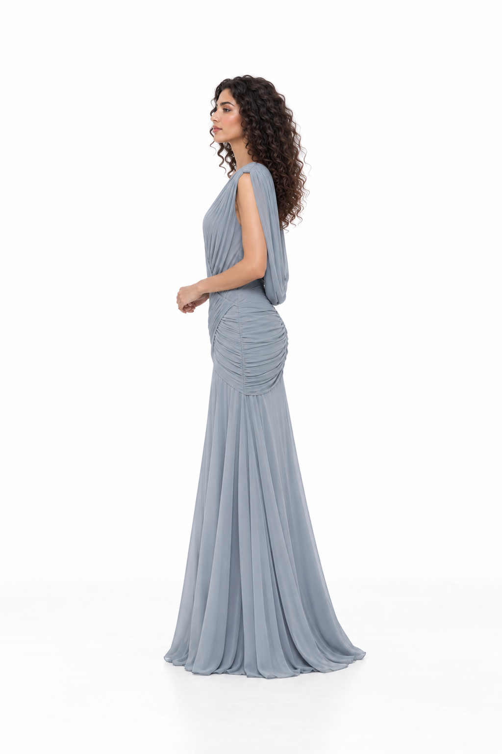 Ruched V-Neck Draped Evening Gown - Avelisse