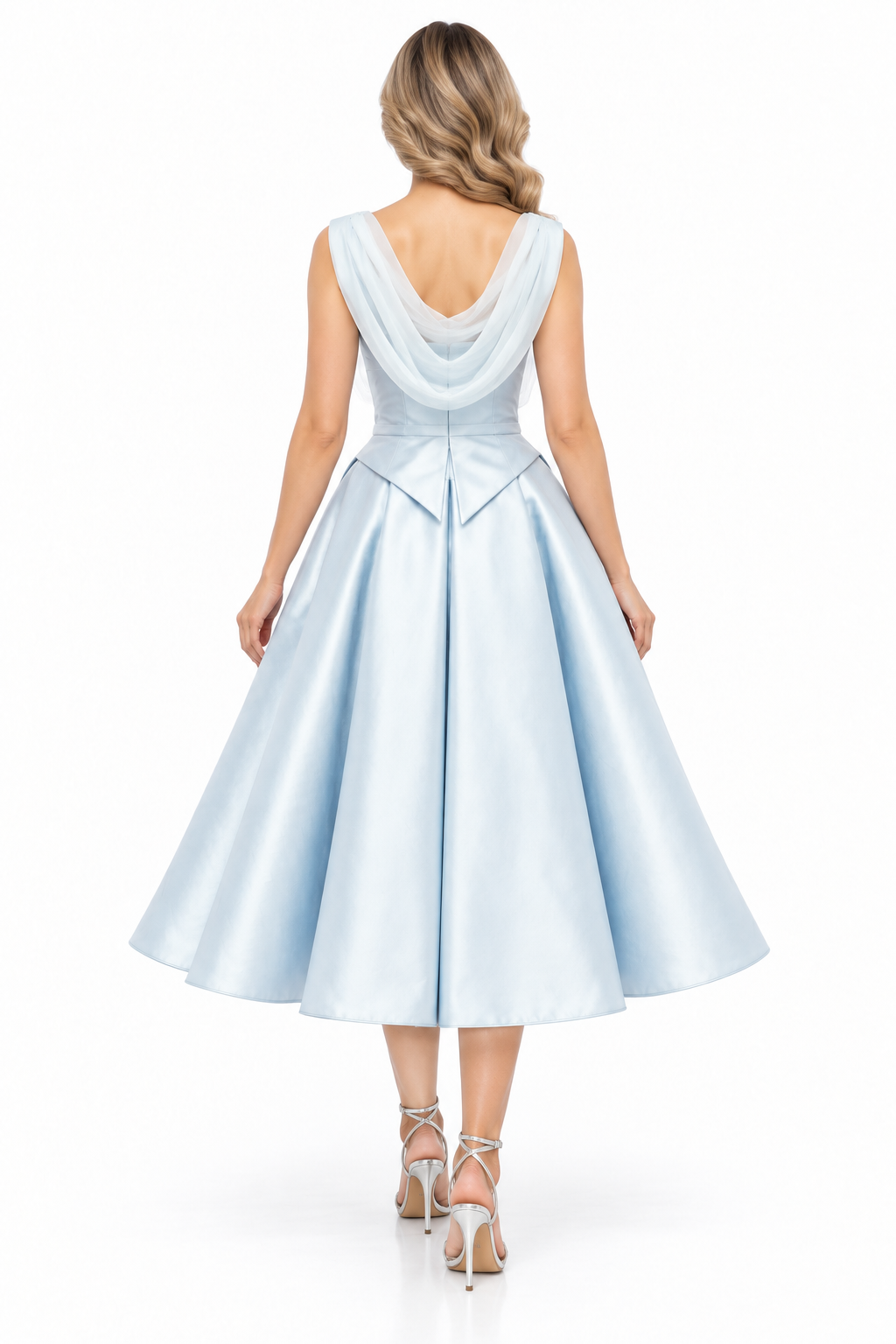 Satin Bow Waist Midi - Celeste