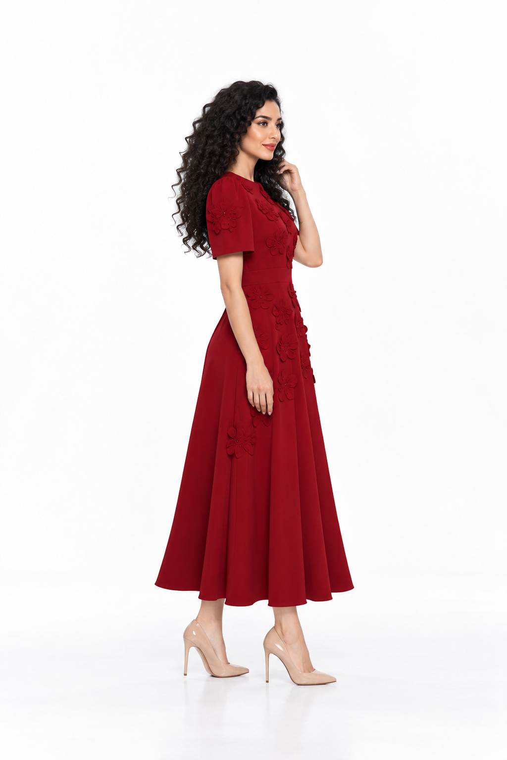 Floral Appliqué Short Sleeve Midi Dress - Carmesia