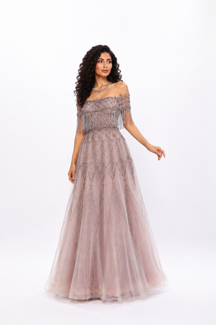 Crystal Fringe Off-Shoulder Gown – LUMERA