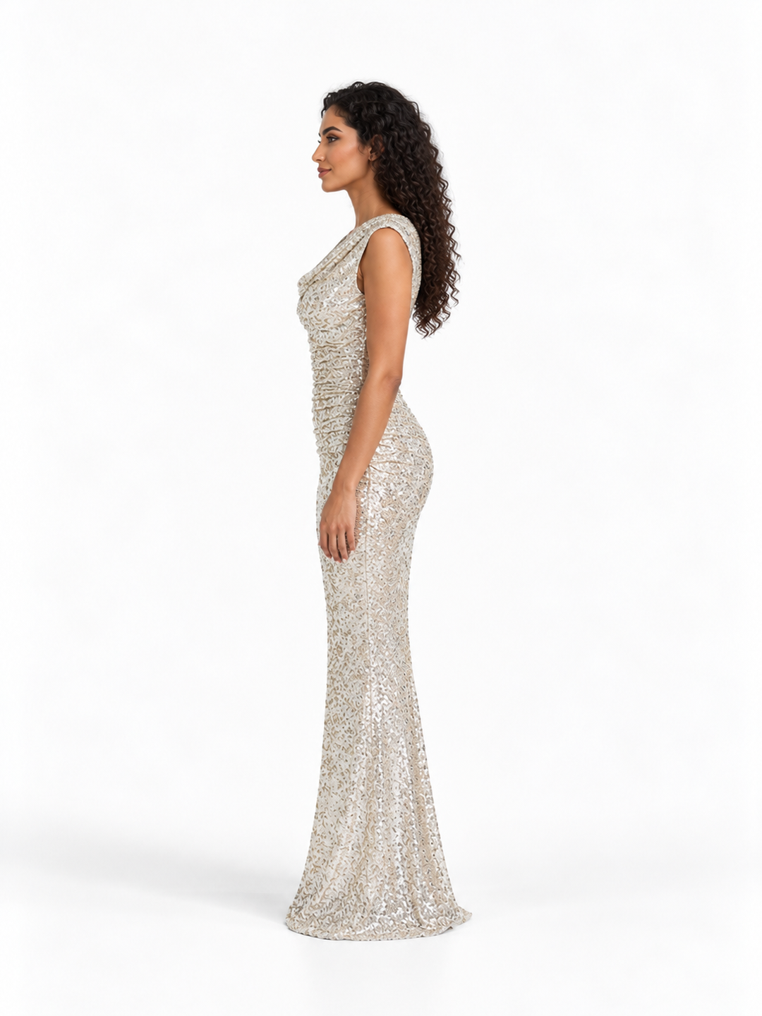 Sequin Cowl Neck Evening Gown - Argentelle