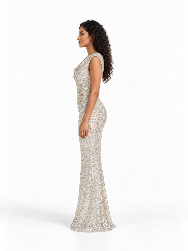 Sequin Cowl Neck Evening Gown - Argentelle
