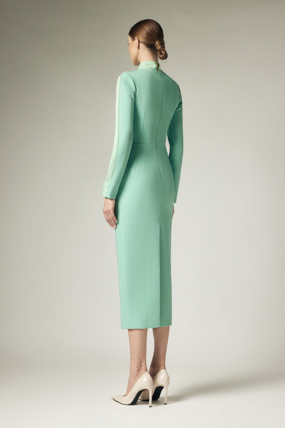 high-neck sheath dress with shoulder drape – ASLIK