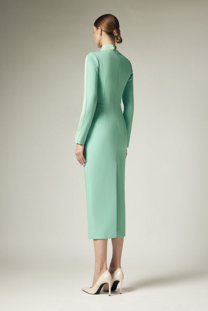 high-neck sheath dress with shoulder drape – ASLIK