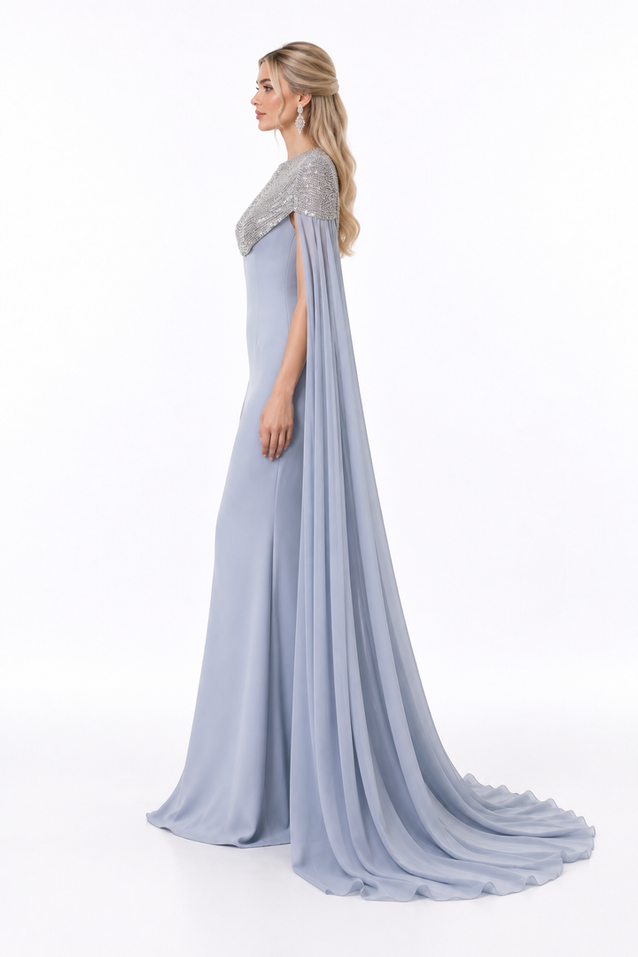Embellished Cape Shoulder Column Maxi Dress – Seraphine