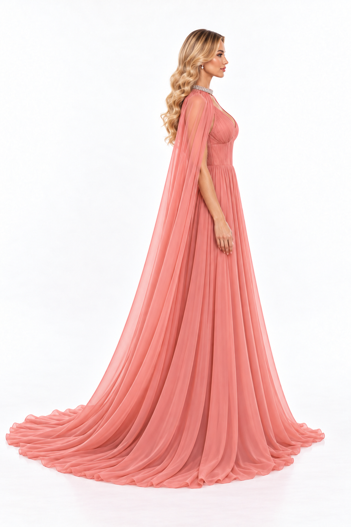Pleated V-Neck Cape Gown - Rosewood
