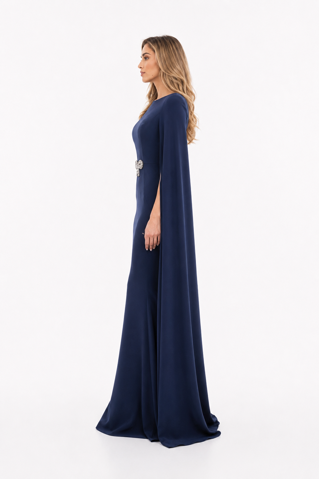 Navy Crystal Bow Cape Mermaid Gown – ROYALE