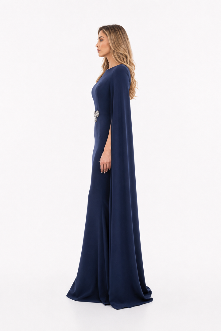 Navy Crystal Bow Cape Mermaid Gown – ROYALE