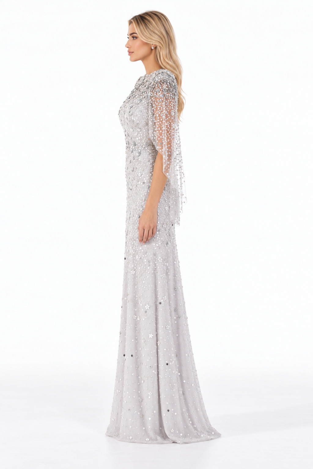Embellished Cape Sleeve Fishtail Maxi Dress – Aurevine