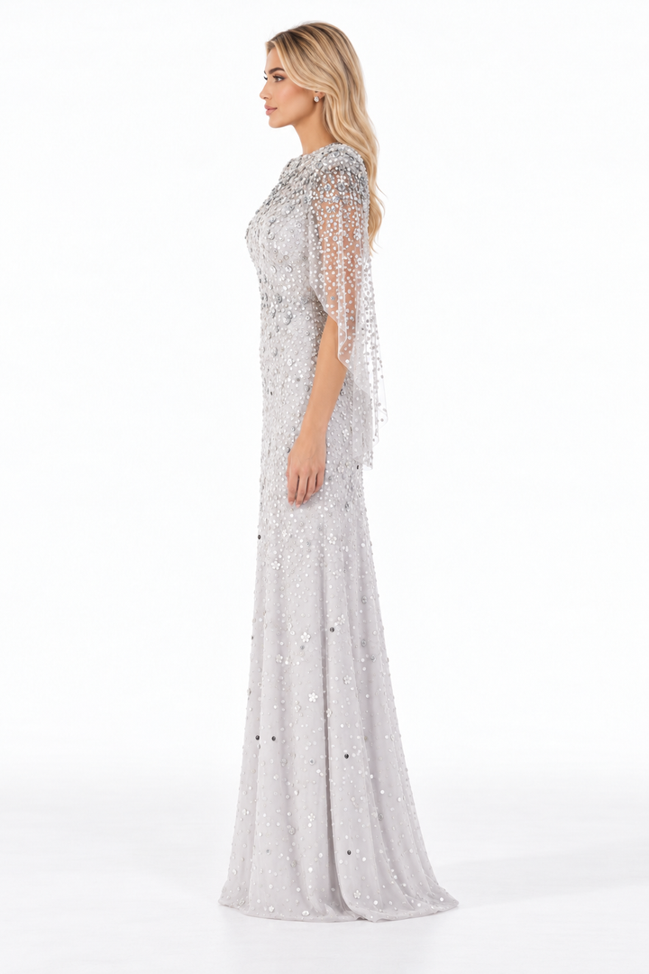 Embellished Cape Sleeve Fishtail Maxi Dress – Aurevine