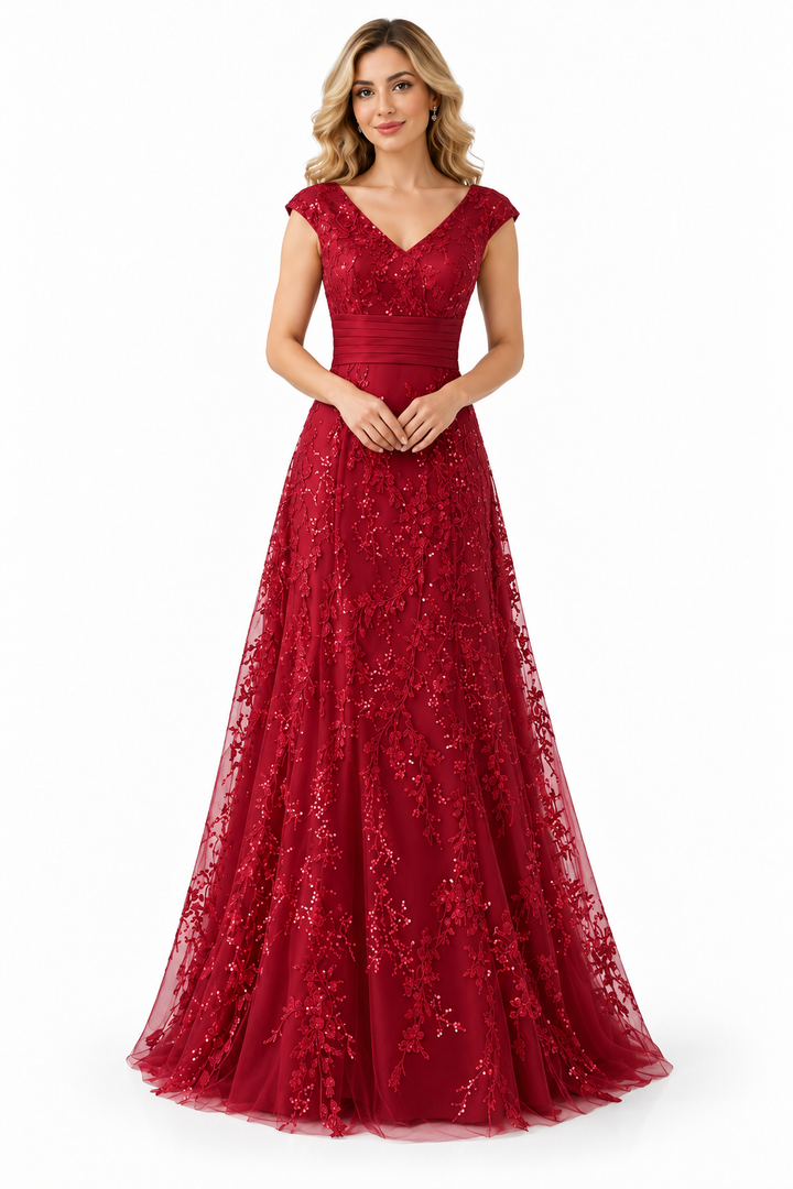 Embellished V-Neck Lace Evening Gown - Roselle