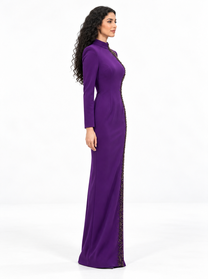 Crystal Trim High-Neck Evening Gown - Virelle