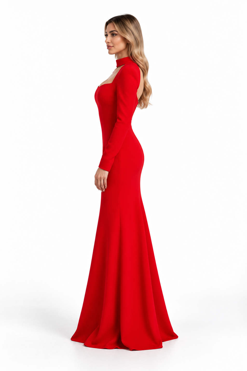 Cutout High-Neck Long Sleeve Evening Gown - Vespera