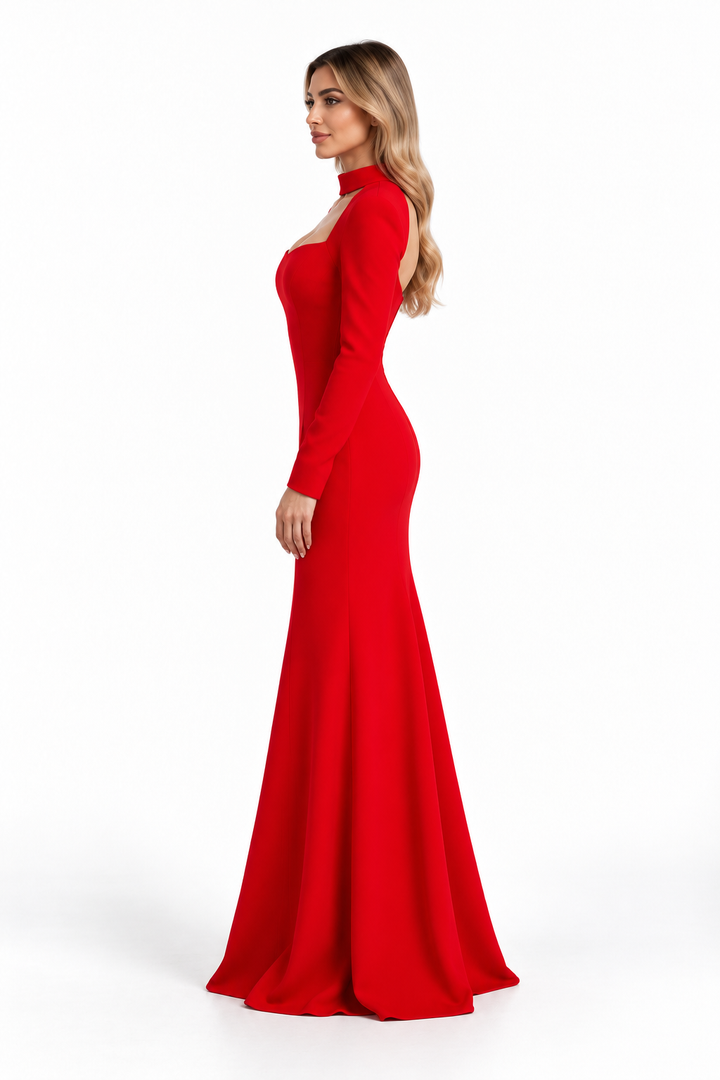 Cutout High-Neck Long Sleeve Evening Gown - Vespera