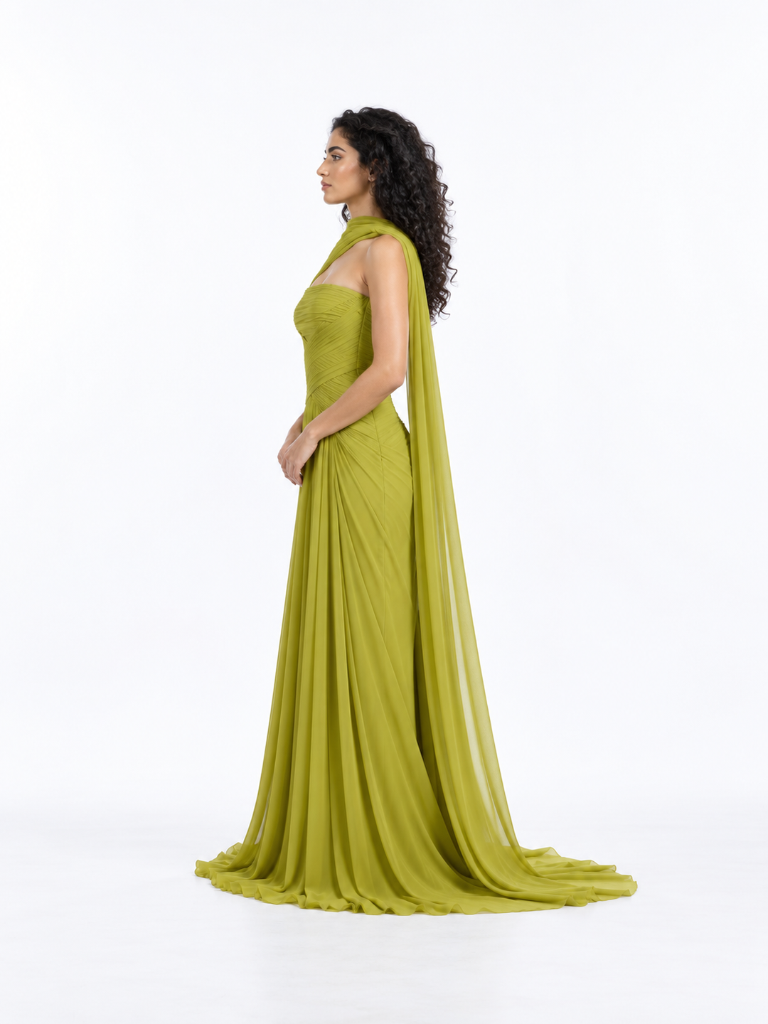 One-Shoulder Draped Cape Evening Gown - Verdant