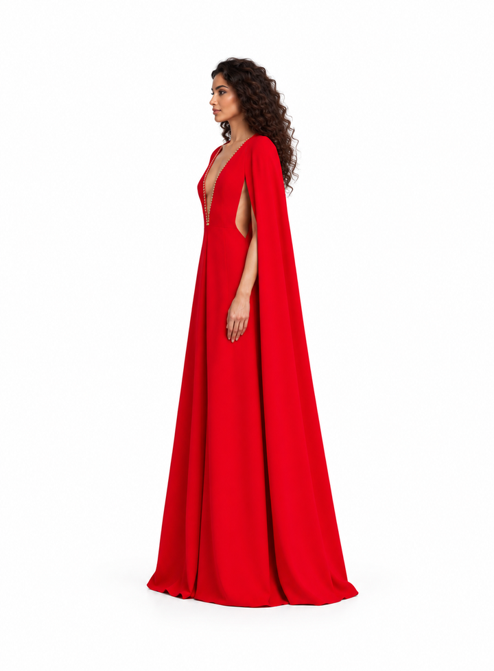 Crystal Plunge Cape Evening Gown - Rubienna