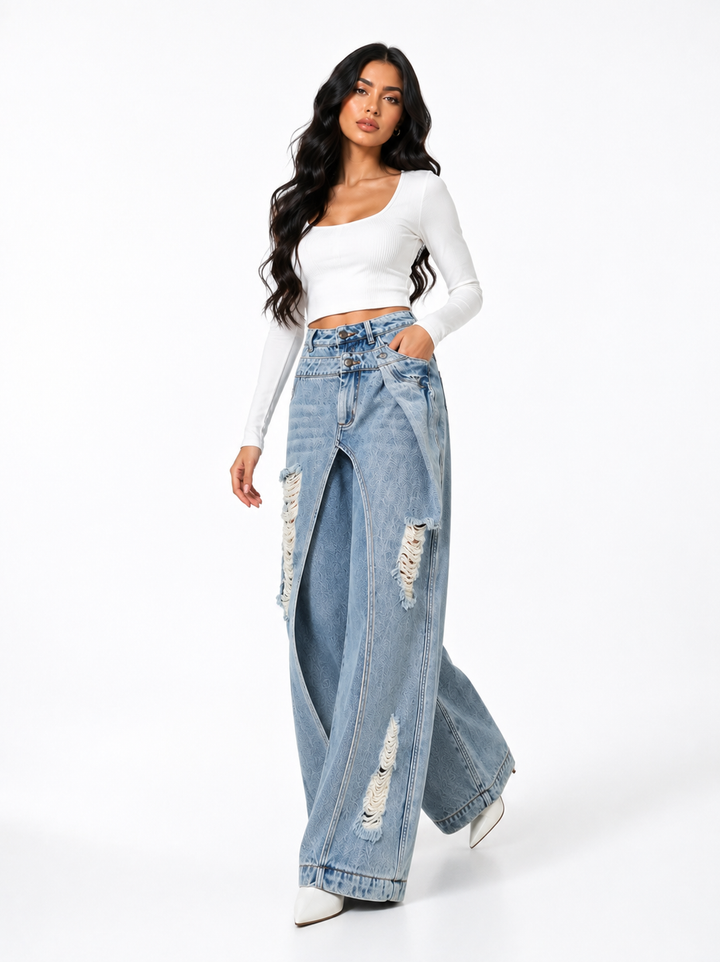 Distressed Layered Wide-Leg Jeans – Rebel