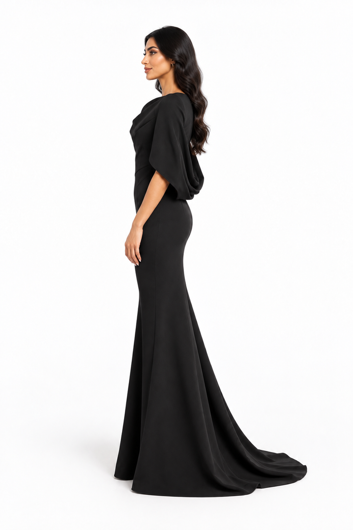Black Cape Sleeve Draped Maxi Dress - Alessandra
