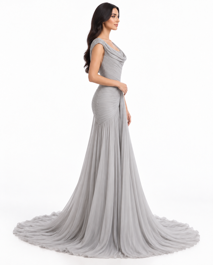 Draped Off-Shoulder Pleated Maxi Dress – Elowen