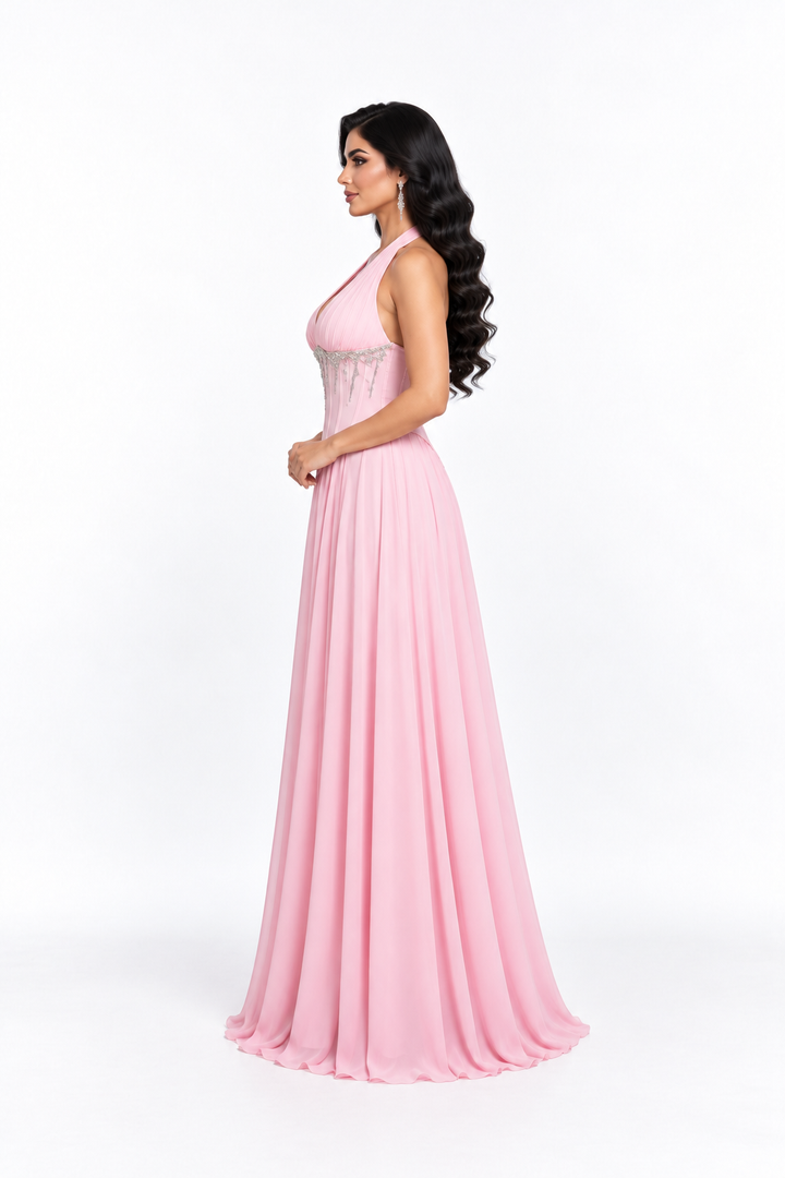 Halter Chiffon Gown with Crystal Corset Waist - Evelisse