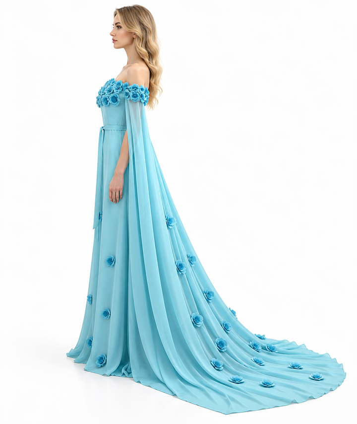 Floral Off-Shoulder Cape Evening Gown - Bellanova