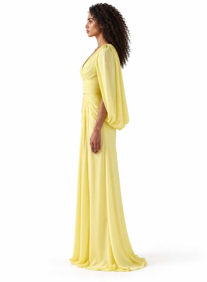 Ruched V-Neck Cape Evening Gown - Solaria