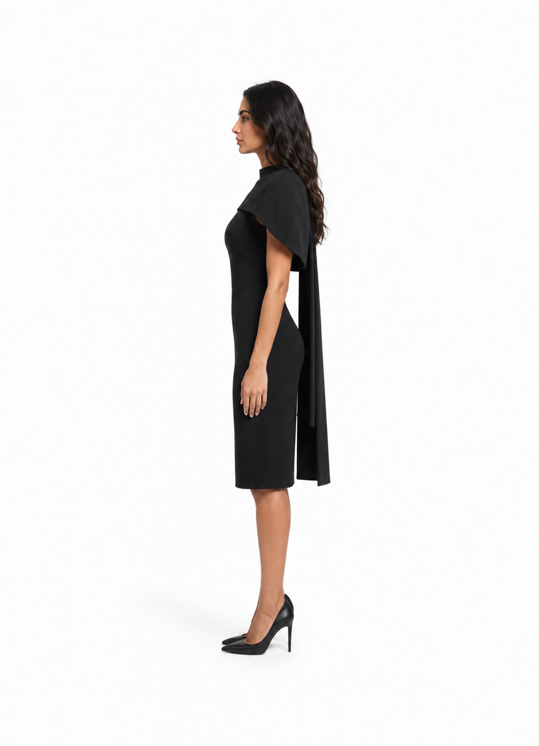 Black Cape-Shoulder Midi Dress – NOCTELLE
