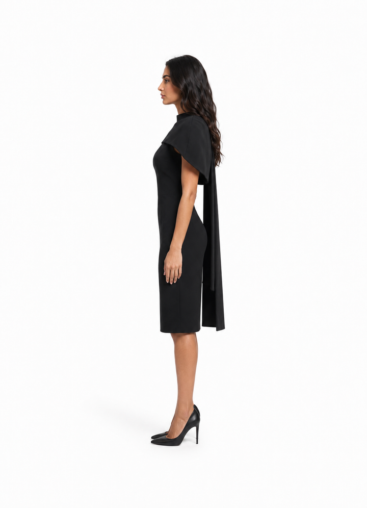 Black Cape-Shoulder Midi Dress – NOCTELLE