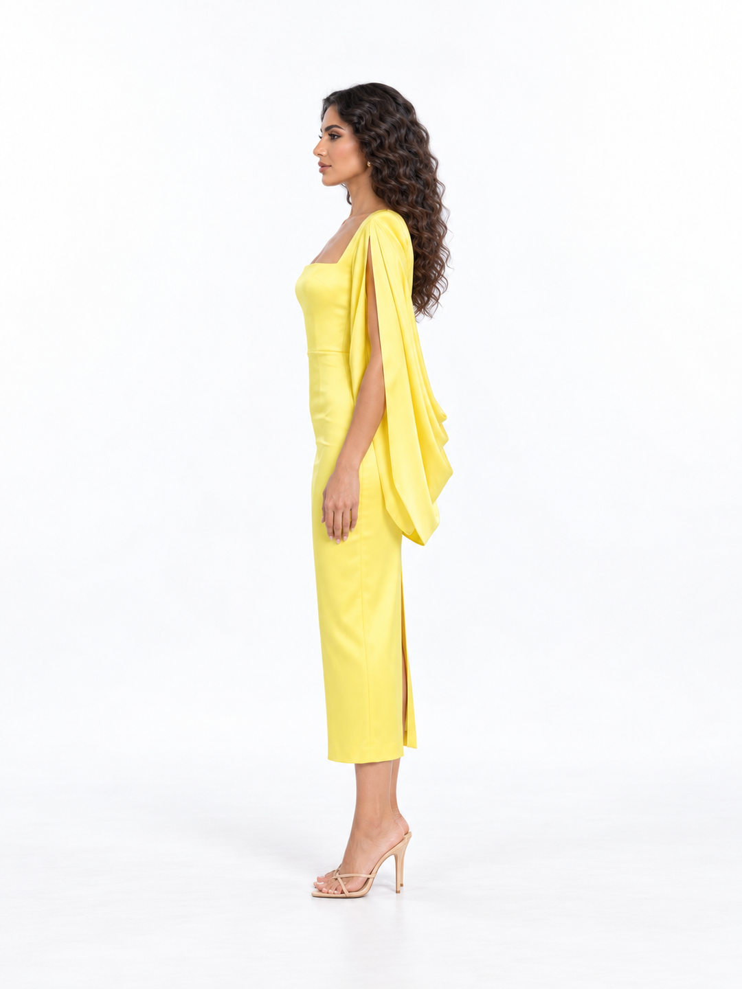 Square-Neck Cape Sleeve Midi Dress - Solenya