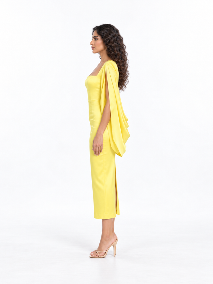 Square-Neck Cape Sleeve Midi Dress - Solenya