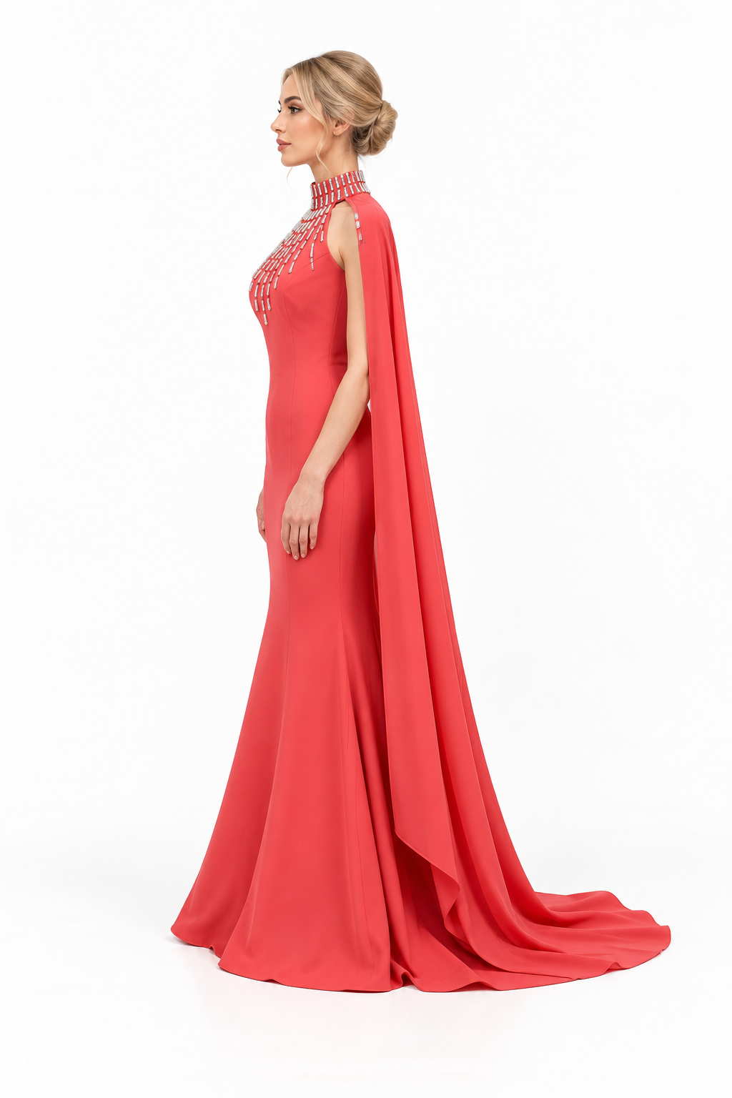 Crystal High-Neck Cape Evening Gown - Solara