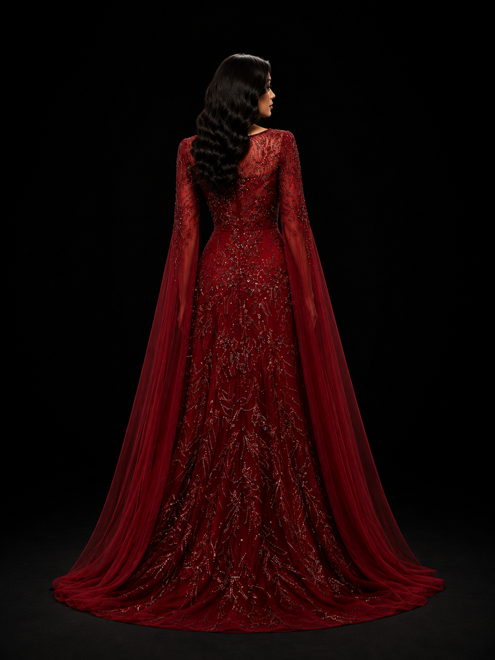 Embellished Cape Sleeve Gown – RUBINA