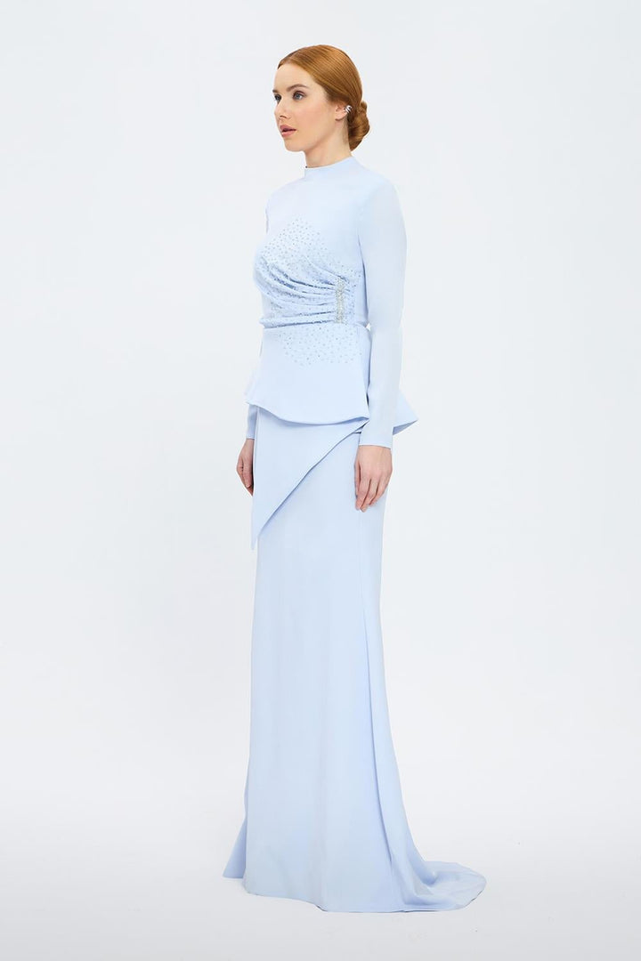 long-sleeve peplum gown with crystal draping – SERENE