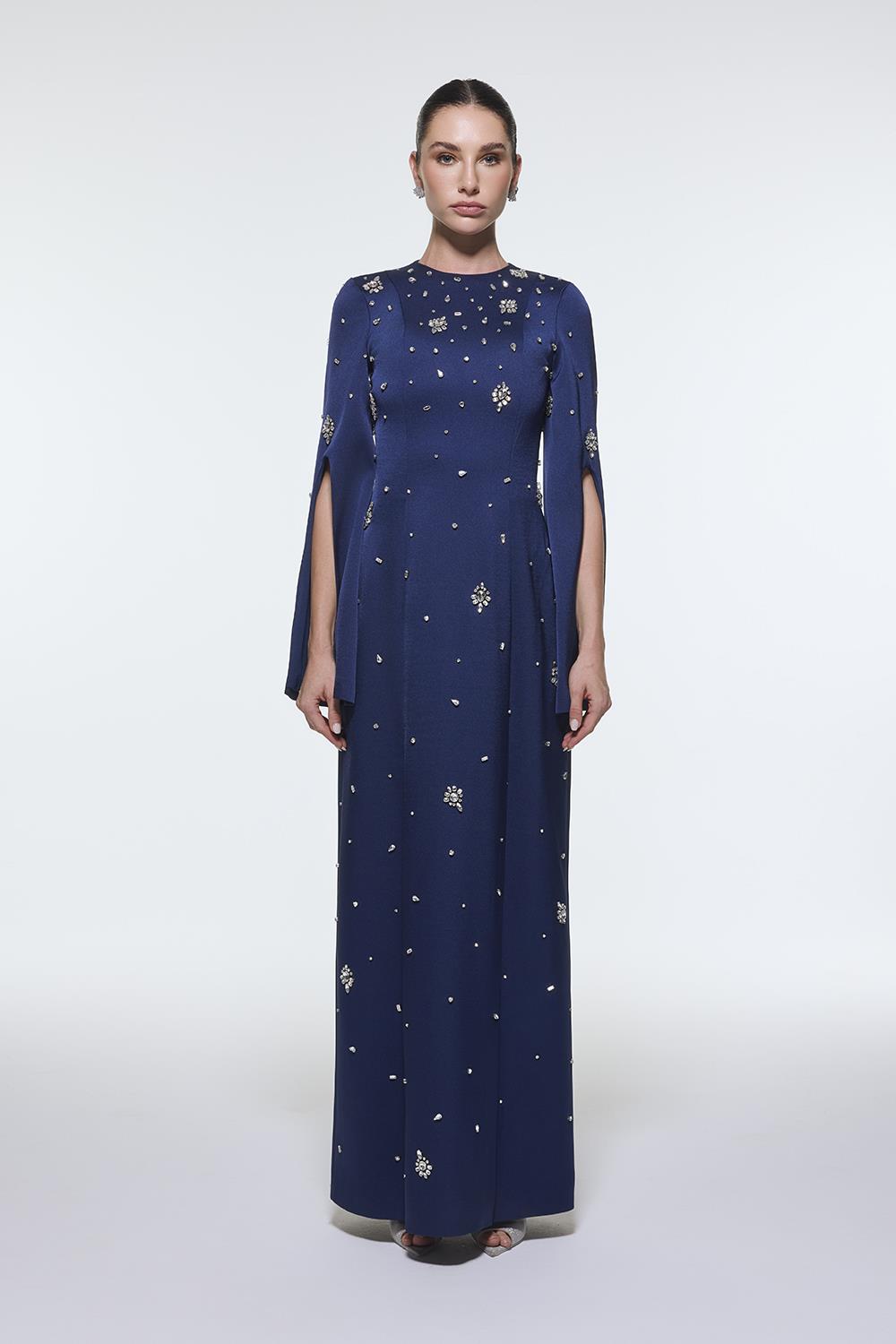long-sleeve column gown with scattered crystal embellishments – NOIRÉ