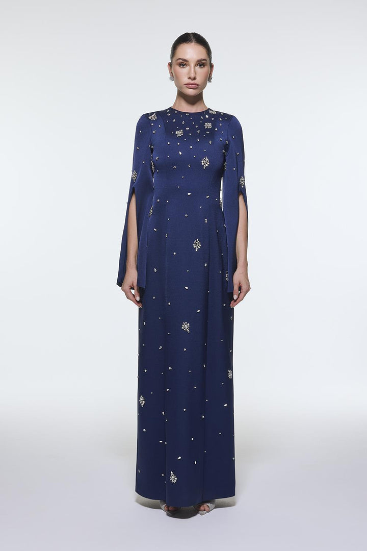 long-sleeve column gown with scattered crystal embellishments – NOIRÉ