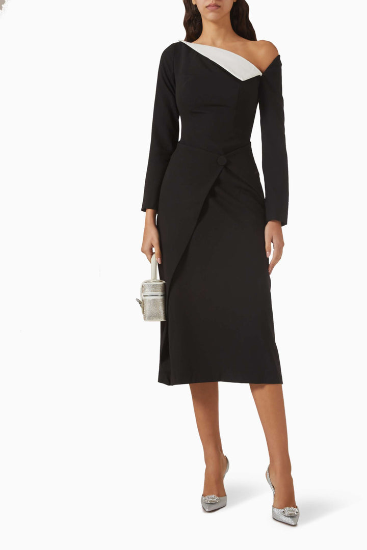 asymmetric long-sleeve wrap dress with contrast neckline – MONIQUE