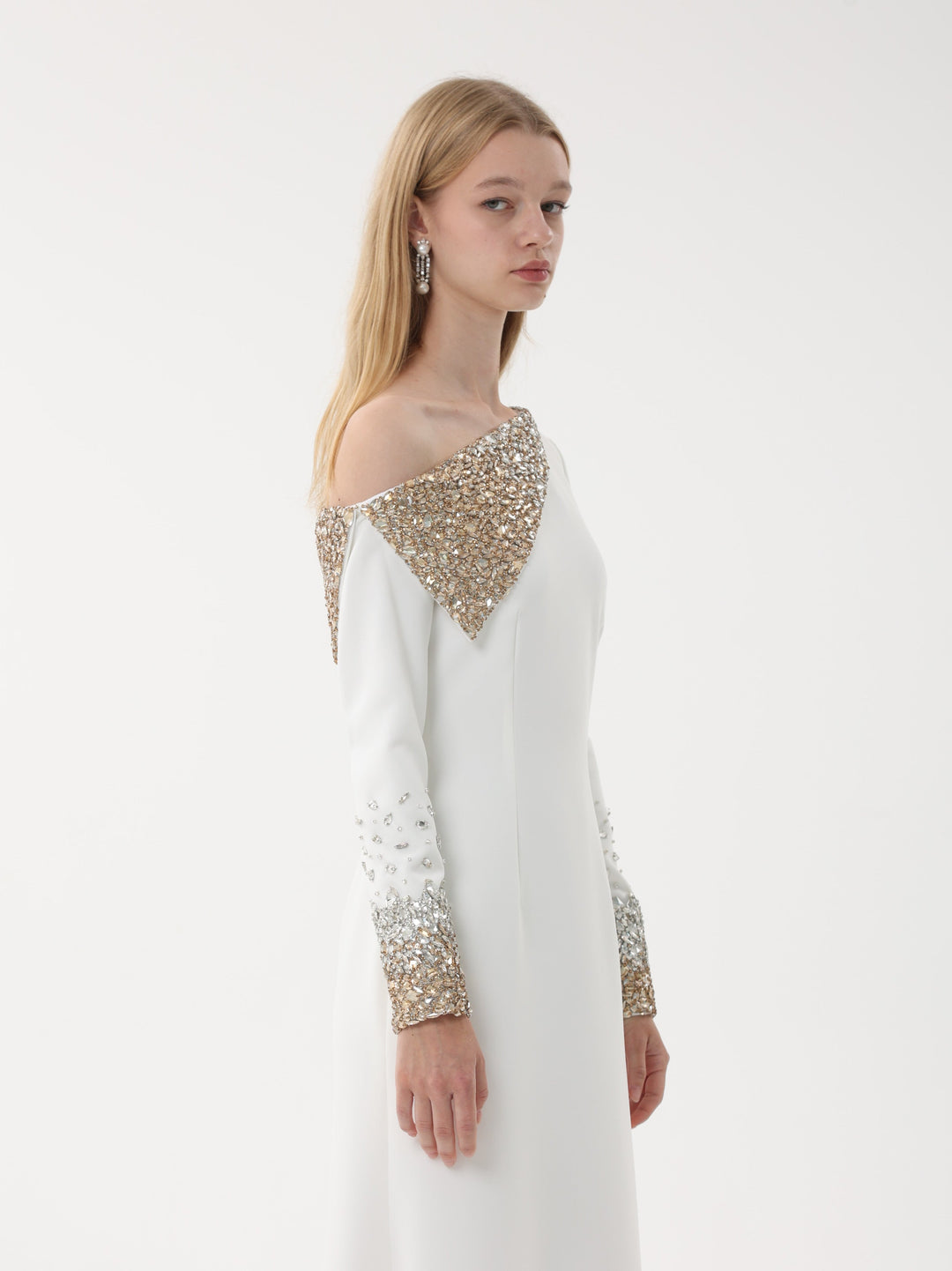one-shoulder gown with crystal embellished cape sleeve – AURORA