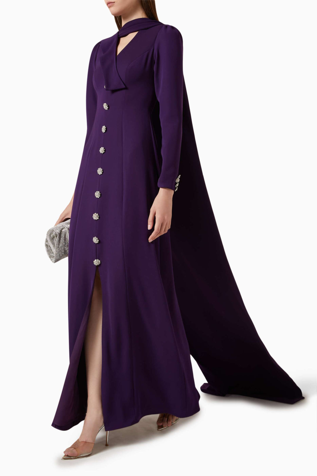 draped neckline gown with jeweled buttons – IVORY