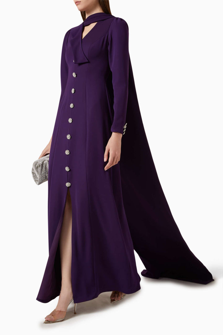 draped neckline gown with jeweled buttons – IVORY