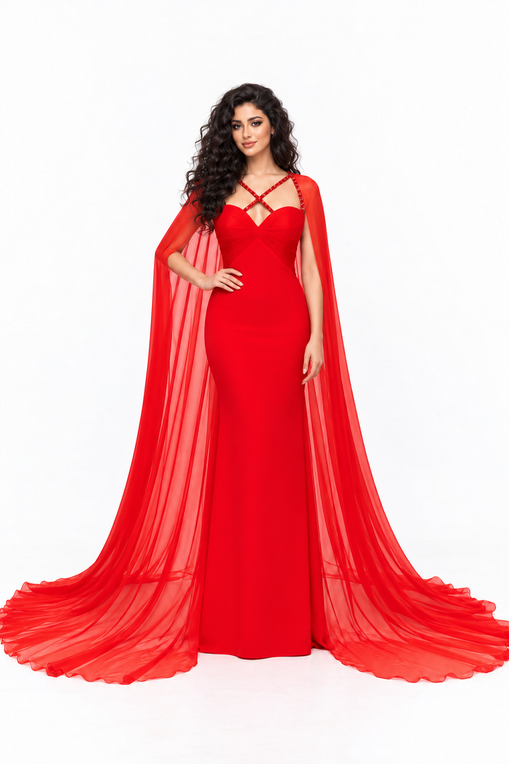 Crystal Strap Cape Evening Gown - Flare