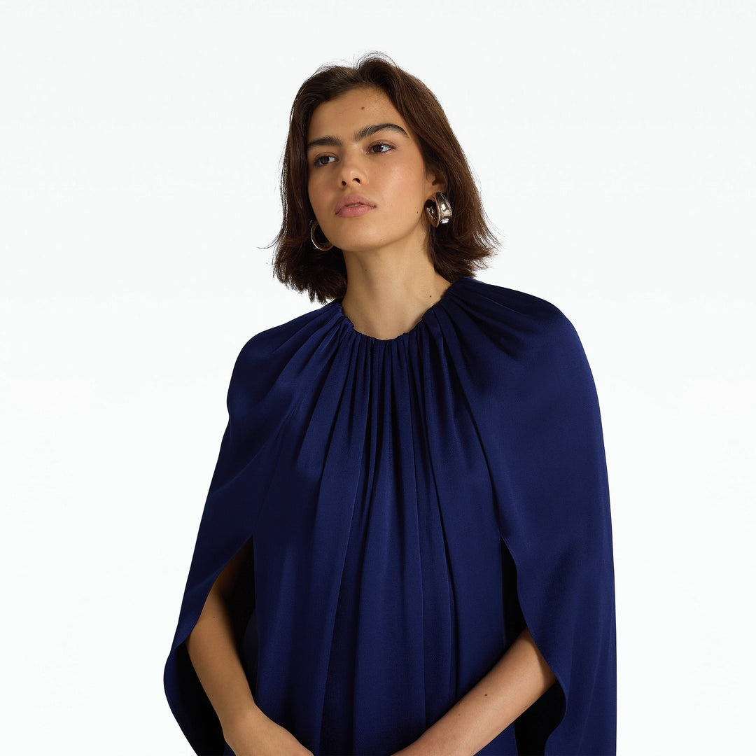High-neck cape sleeve satin gown – CELESTE