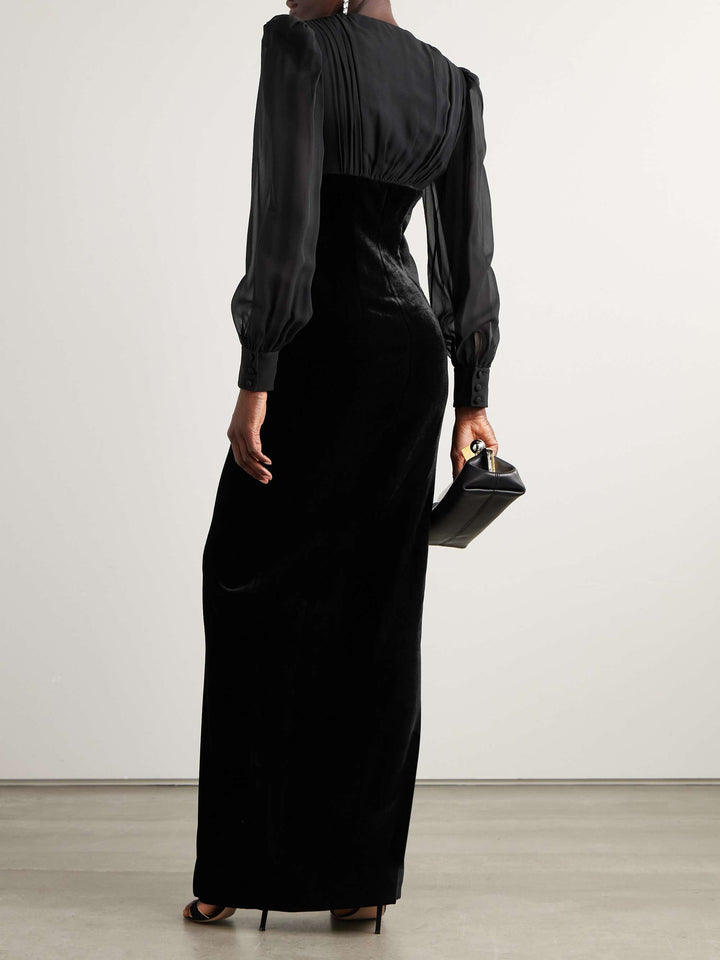 velvet gown with chiffon sleeves and crystal buttons – NOIRE