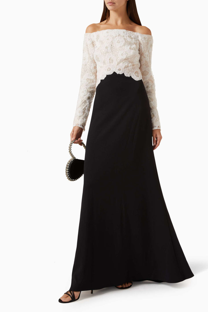 Off-shoulder gown with embroidered lace bodice – NOIRE