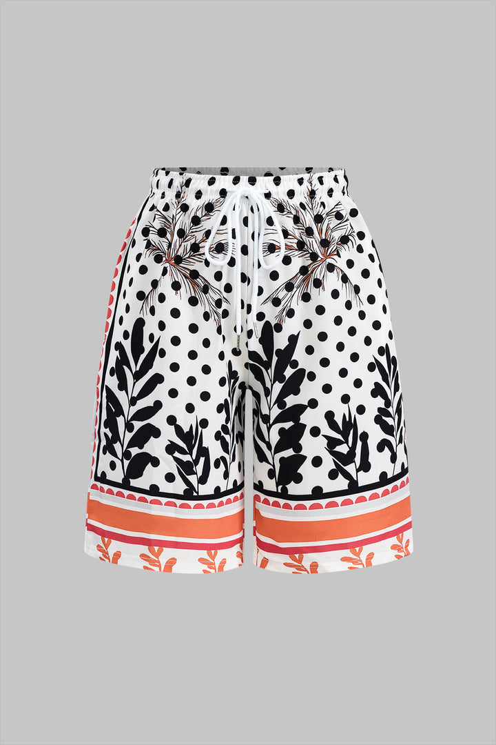 Polka Dots Print Button Short Sleeve Shirt And Ruched Tie Front Shorts Set