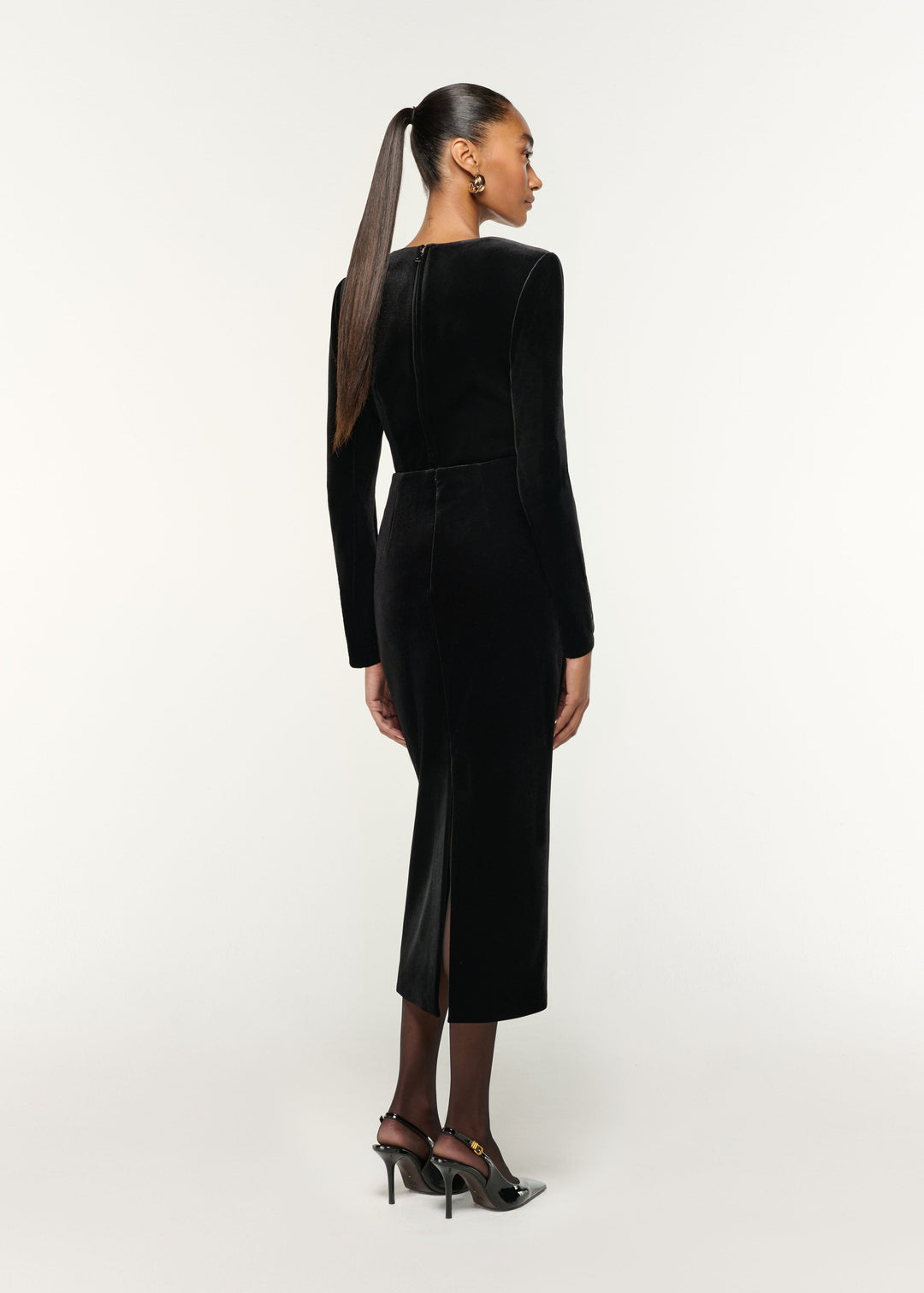 velvet midi dress with embellished asymmetric neckline – NOIRINE