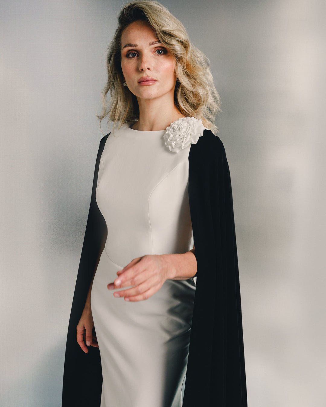 two-tone column gown with draped cape sleeves – AURORA