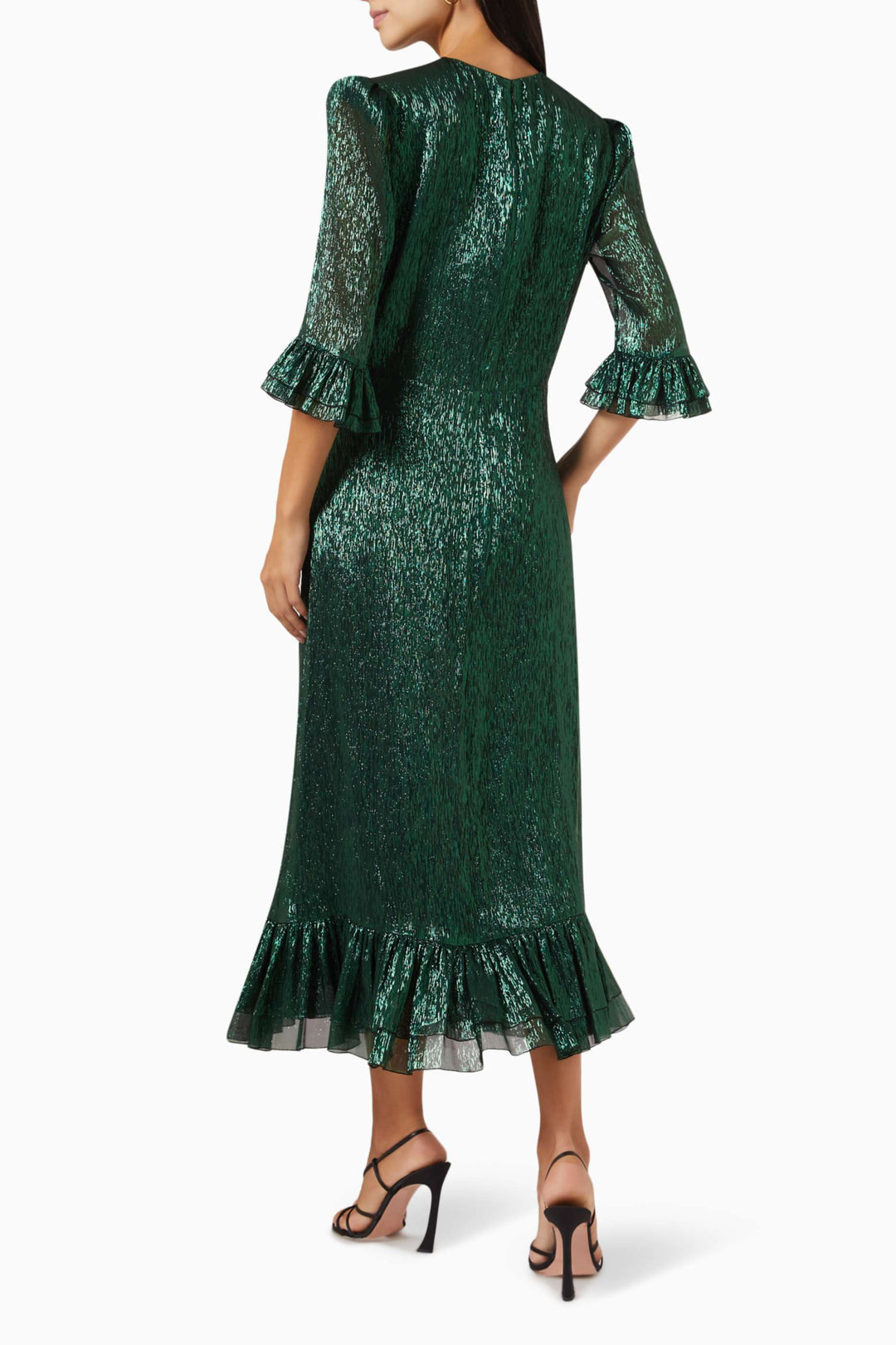 metallic midi dress with ruffled sleeves and hem – SERENA